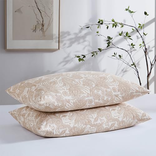 Pillow Cases Set of 2 Queen Size Floral White with Taupe 20 x 30