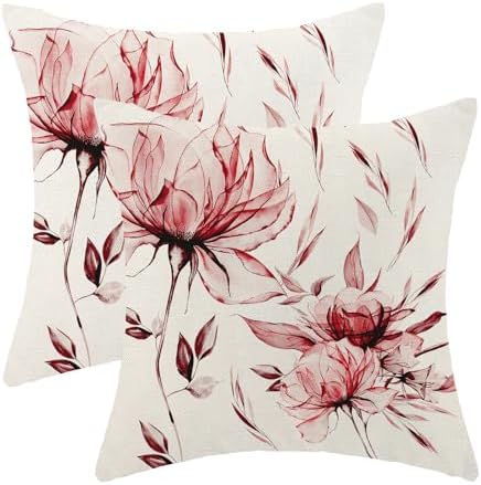Spring Summer Pillow Covers 18x18 Set of 2 Vintage Burgundy Red Floral