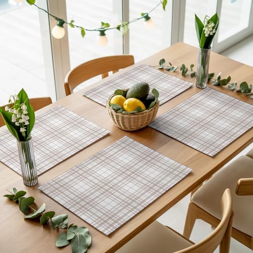 Buffalo Plaid Placemats Set of 4, Cotton Linen Fabric Place Mats, Sand