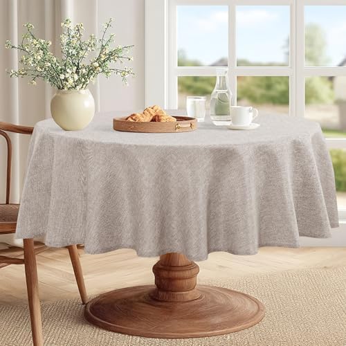 JIUZHEN Round Table Cloth Faux Linen Farmhouse Tablecloth Wrinkle and