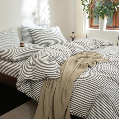 FOSSA Striped Duvet Cover Set 100% Washed Cotton Linen Feel King