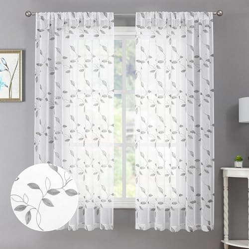 Tollpiz Grey Leaf Sheer Curtain Bedroom 38 x 63 Inches