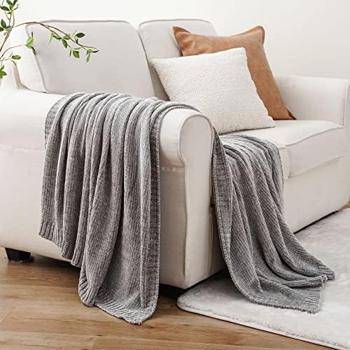 Chenille Throw Blanket for Couch Sofa, Light Grey Throw Blanket