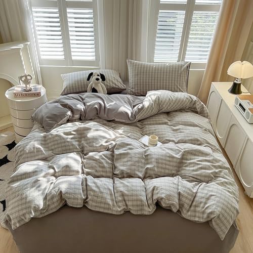Modern Gingham Grid Duvet Cover Set, 100% Washed Cotton Plaid Boho