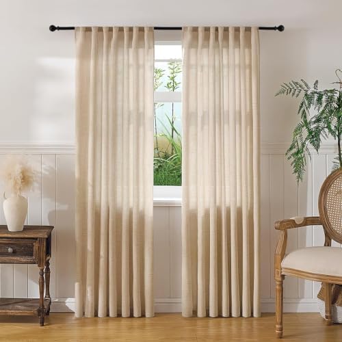 Warm Beige Sheer Linen Curtains for Living Room Bedroom 96 Inches Long