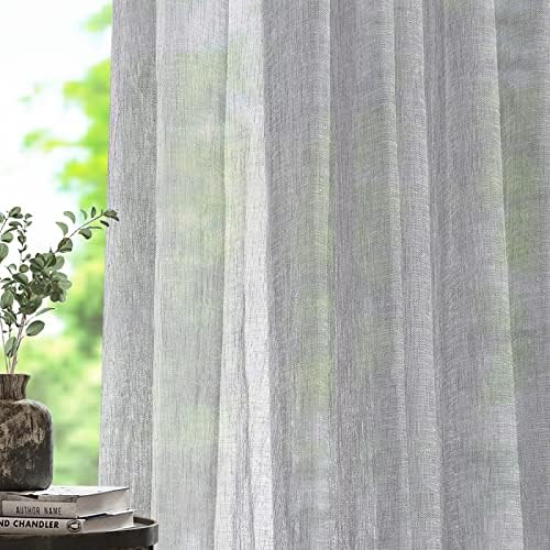 Sheer Curtains 108 inches Long, Faux Linen Double Pleated Window Sheer