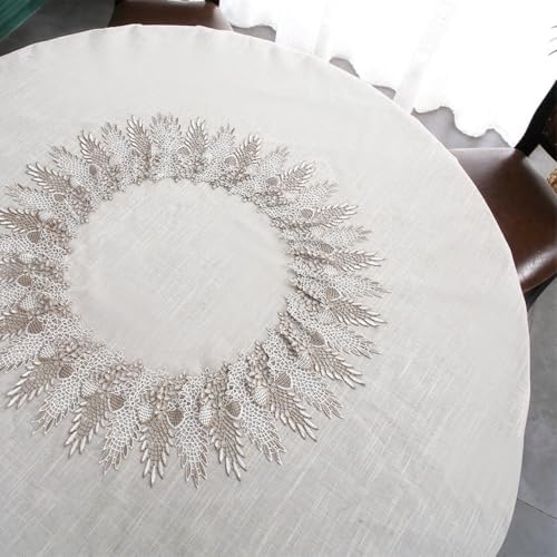 Beydodo Linen Table Cloth Round Cover 70 inch, Solid Color with Lace
