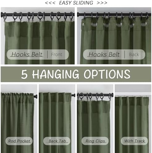 Olive Green Linen Back Tab Curtains 96 Inches Long 2 Panels Set for