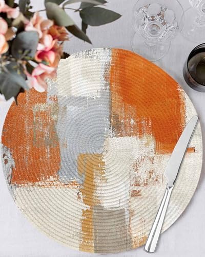 Round Placemats Set of 8 Orange Gray Beige Block Place Mats Washable
