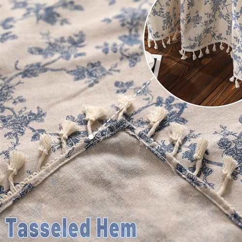 1 Pair Blue Floral Linen Curtains Rustic Country Style Light Filtering