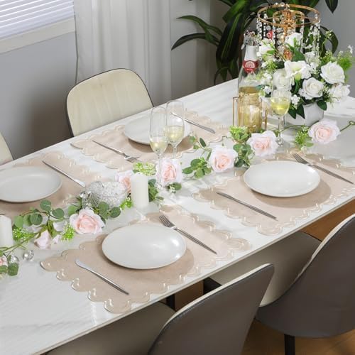 Set of 4 Cotton Linen Scalloped Placemats, Beige