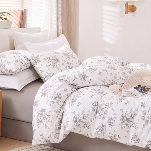 Bedbay 100% Cotton Duvet Cover Queen Size, Soft Grey Floral Duvet