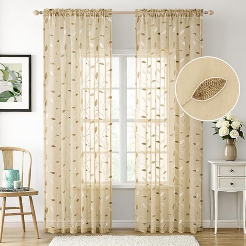 MIULEE Beige Sheer Curtains 2 Panels Embroidered Leaf Patterned, W52 x