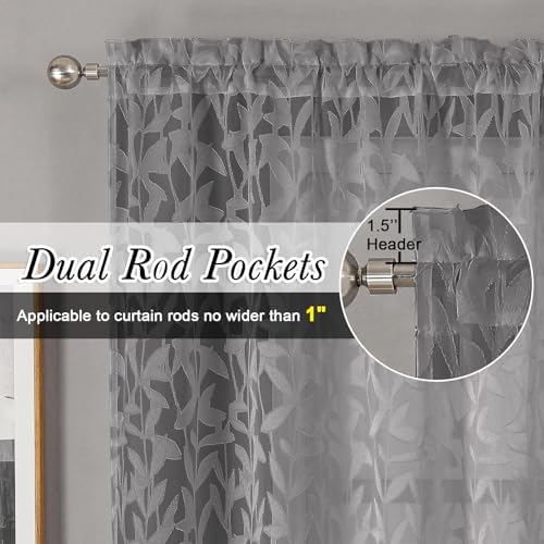 Lecloud Leia Clip Textured Charcoal Grey Sheer Curtains 63 Inch Length