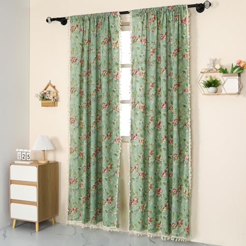 1 Pair Floral on Green Linen Curtains Rustic Country Style Light