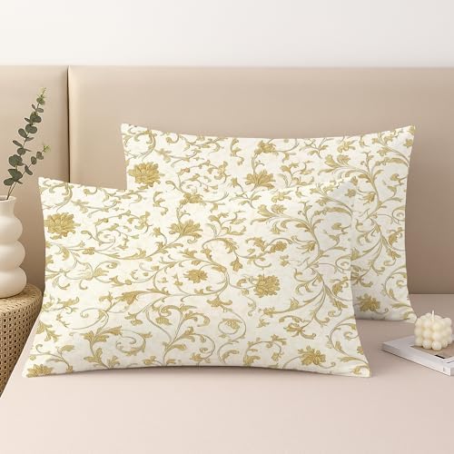 Elegant Floral Pillow Covers Set of 2, Cream and Gold Decorative