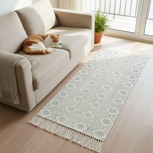 Gray Petals Hallway Runner Rug 2'x5', Abstract Floral Grids Boho
