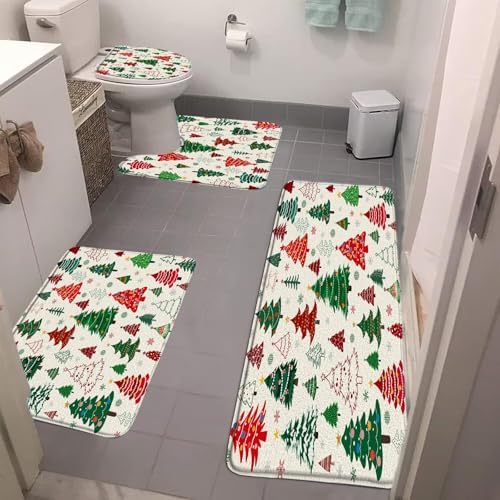 Christmas Bathroom Rug Set 4 Piece,Cute Xmas Tree Snowflake Winter