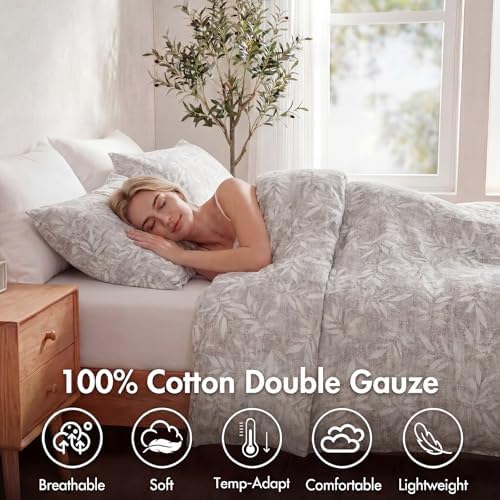 Herside King Duvet Cover Set,100% Cotton Double Gauze,Gray Botanical