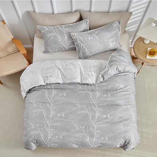 Lekesky Reversible Duvet Cover Queen Size, Grey White Branch Comforter