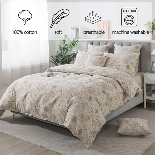 FADFAY Light Khaki Vintage Hydrangea Floral Duvet Cover Set Queen Size