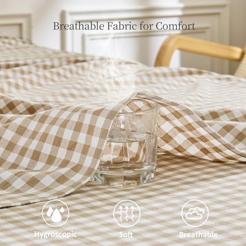 PURE ERA Tan Gingham Sheets Set 100% Washed Cotton Linen Like Full