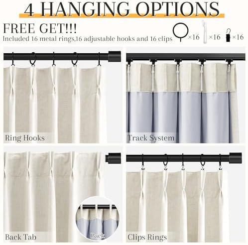 Nanspring 100% Blackout Linen Pinch Pleated Curtains 98 Inch Long