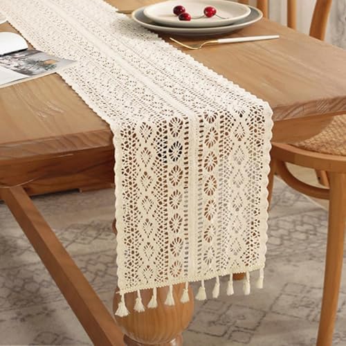 Gemseek 36 Inch Boho Crochet Table Runner, Beige Cotton Lace Table