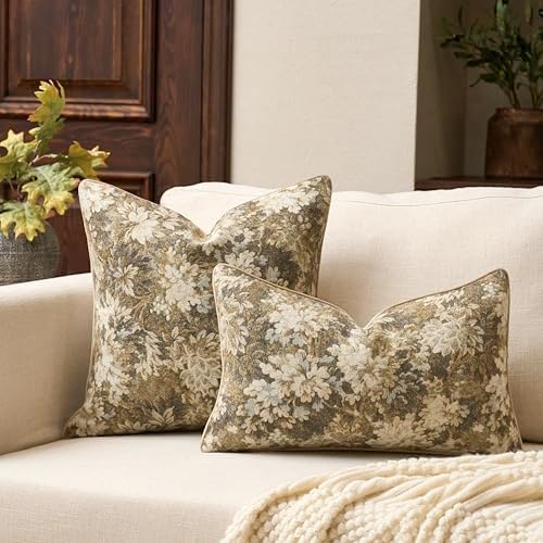 Yangest Neutral Floral Pillow Cover 20 x 20 Inches, Vintage Chenille