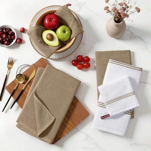 Homaxy Dual Design Kitchen Towels and Dishcloths Set, 10 Pack, Khaki