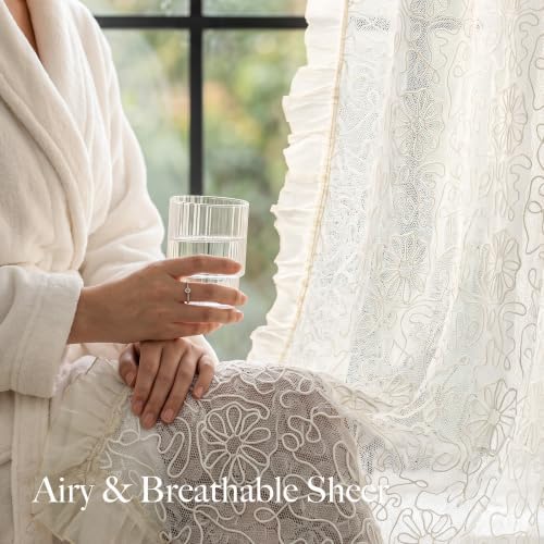 RYB HOME Ivory Embroidered Lace Sheer Curtains 96 Inch for Bedroom
