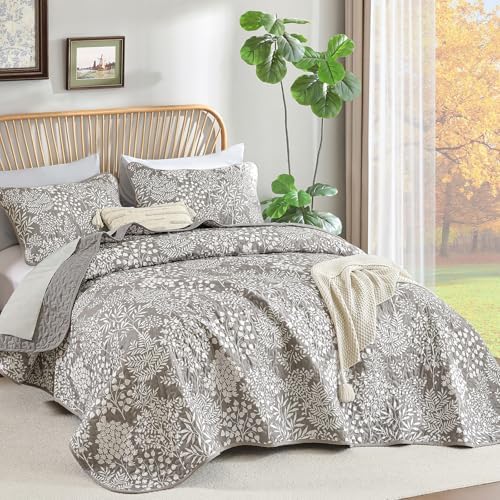 WONGS BEDDING Gray Quilt Set King Size, Botanical Print Bedspread