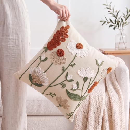 Embroidered Throw Pillow Covers 18x18, 2 Pack, Rust Floral Couch Decor