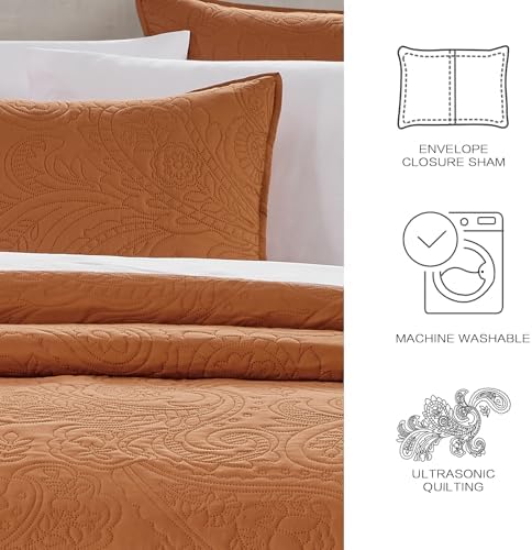 BOURINA Ultrasonic Orange Queen Quilt Set 3-Piece Bedding Set
