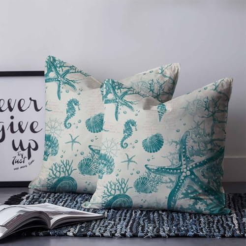 Pillow Covers 20x20 Set of 2, Turquoise Starfish Square Throw Pillow