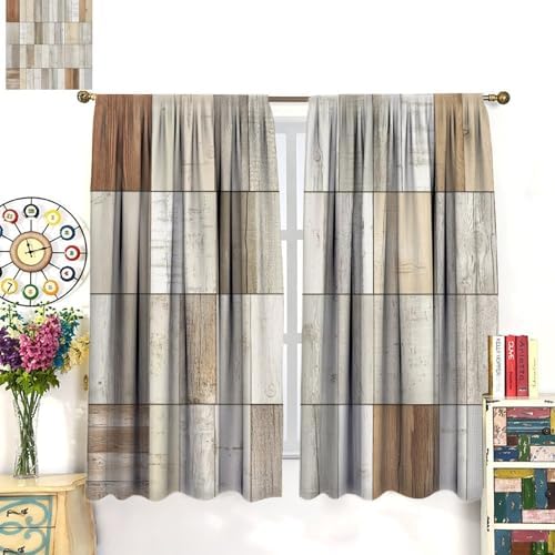 Rustic Wood Blackout Window Curtain Panels, Brown Plank Rod Pocket