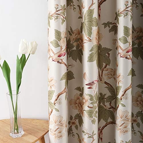 VOGOL Beige Floral Print Grommet Blackout Curtains, 52 x 63, 2 Panels