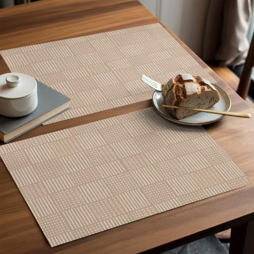 Minimalist Gingham Placemats Set of 8, Rustic Woven Grid Lines Beige