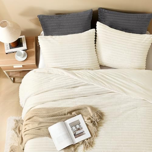 Andency Fluffy King Size Comforter Set, Cream Fleece Faux Fur Bedding