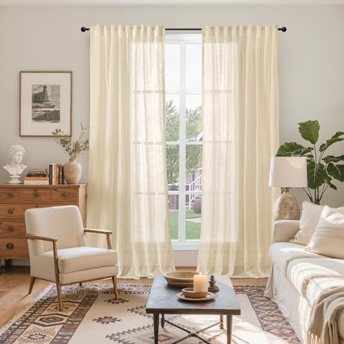 Tan Linen Semi Sheer Curtains for Farmhouse Living Room 52x84 Inch