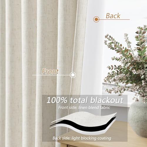 Guken 100% Blackout Linen Curtains 63 Inch Long for Bedroom 2 Panels