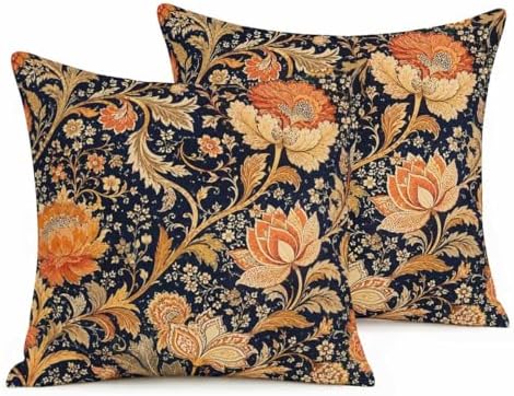 Gold Throw Pillow Covers 18x18 Set of 2,Orange Florals Outdoor