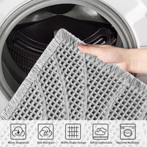 ZALL Grey Waffle Bath Mat Wavy,Super Absorbent Non Slip Bathroom Rug