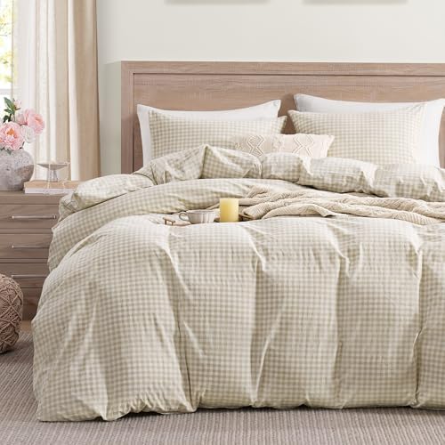 Andency Cream Gingham Duvet Cover Twin, 100% Wash Cotton Bedding