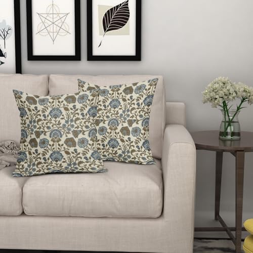 Brown Blue Floral Pillow Covers 22x22 Set of 2, Block Print Vintage