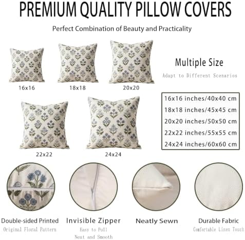 Farmhouse Floral Throw Pillow Covers 22x22 Set of 2, Blue Green