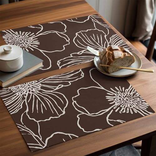 Placemats Set of 8, Brown Flowers Woven Placemat, Linen Place Mats for