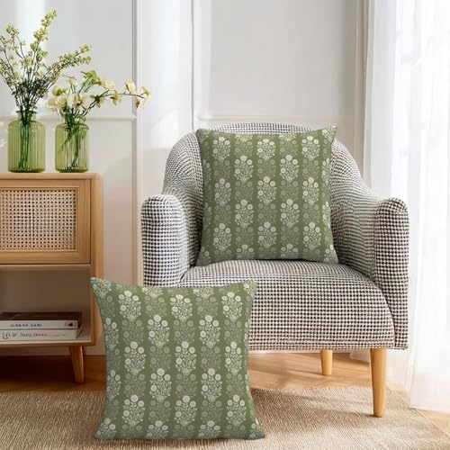 Vintage Olive Green Cream Floral Block Print Decorative Pillow Covers