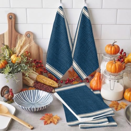Minimalist Blue Beige Kitchen Towels Set of 3 Rustic Traditional