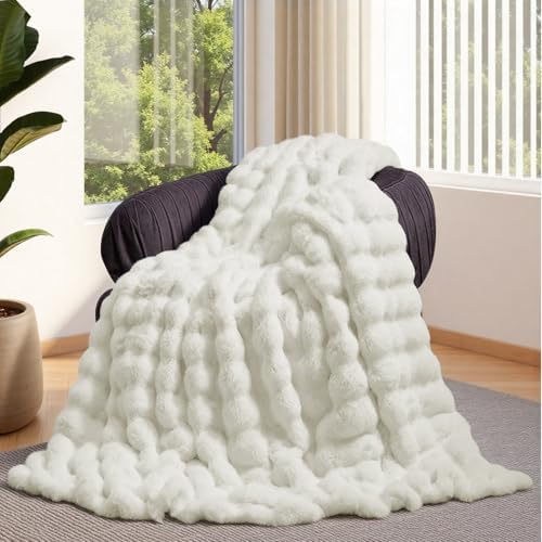 Lotus Karen Faux Fur Blanket - Cream White Twin Size, Big Bubble